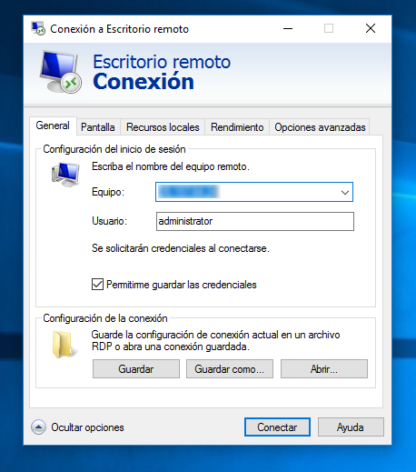 Configuración de conexión a escritorio remoto