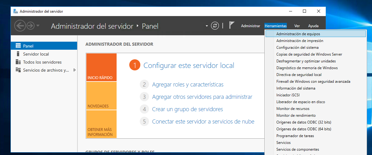 Administrador del servidor de windows server - Menú herramientas