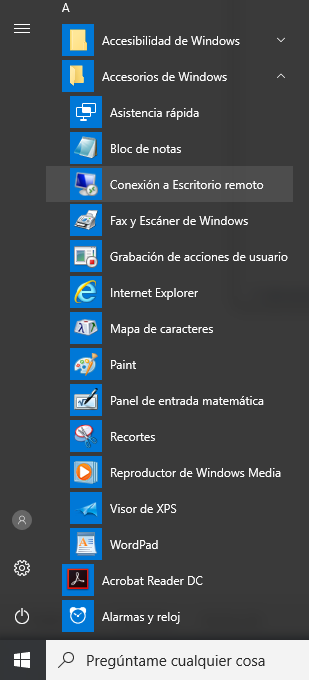 Conexion a escritorio remoto en el menú de Windows 10