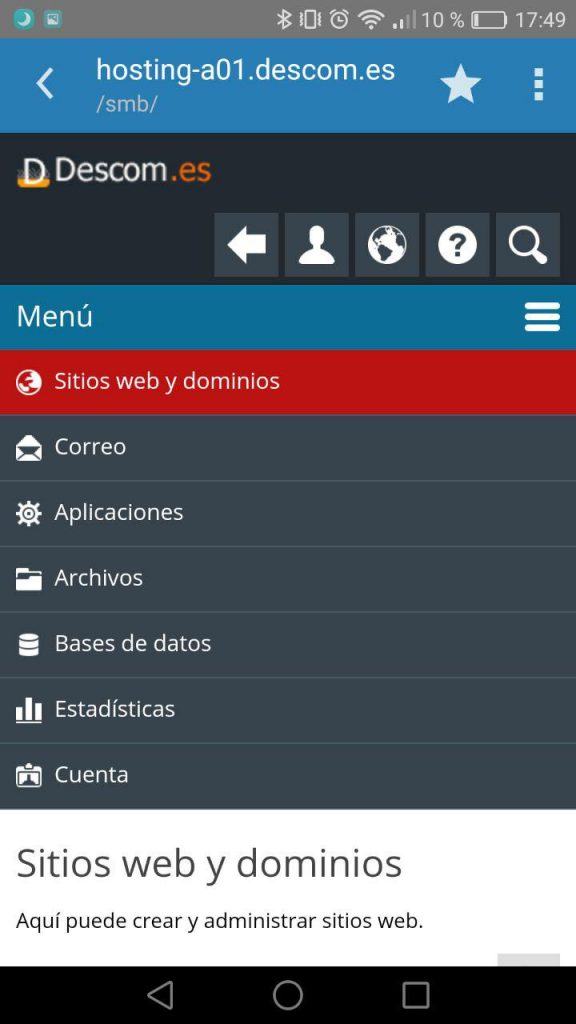 Plesk mobile - Menú de la suscripción