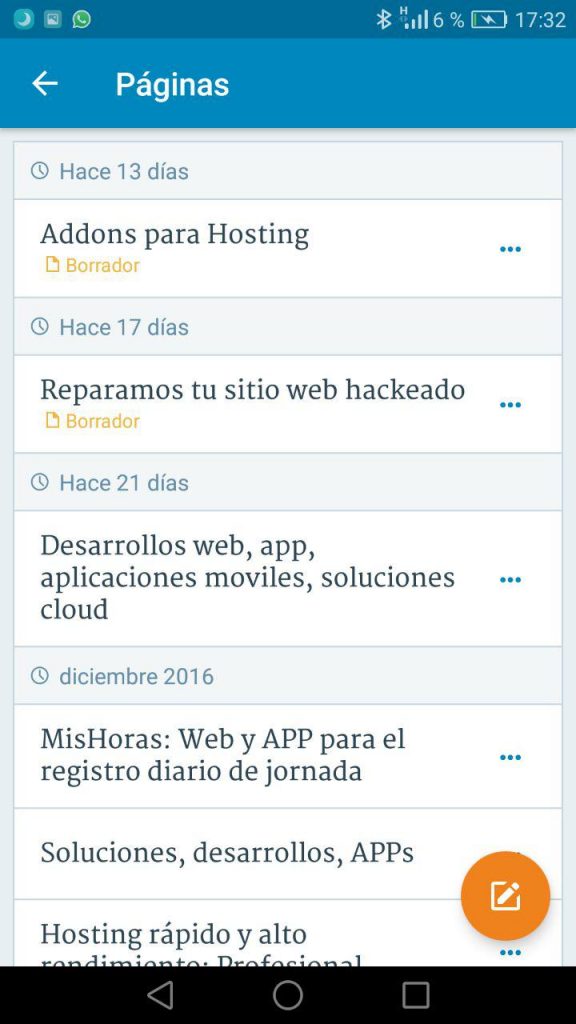 App WordPress mobile - Gestión de páginas